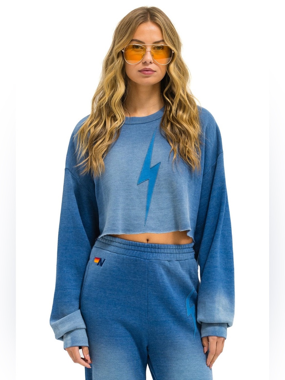 NWT Aviator Nation Bolt Stitch Cropped Crew Sweatshirt Relaxed Faded Water- SZ M